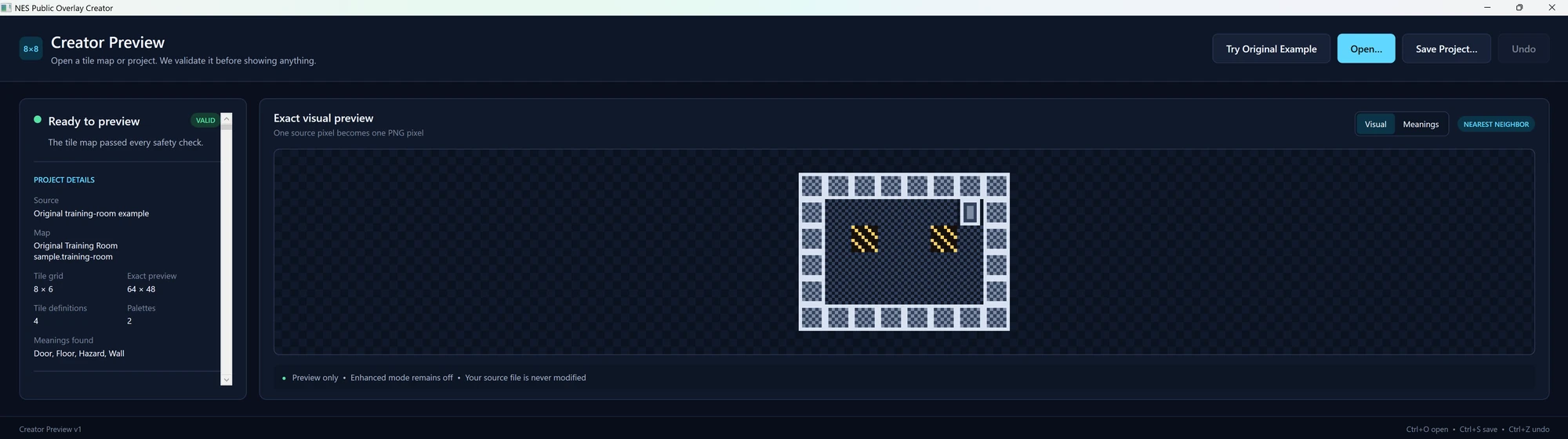 Creator Preview Exact Visual View showing an imported tile map pixel for pixel