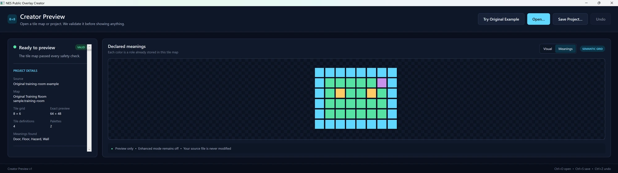Creator Preview Semantic Grid identifying walls, floors, doors, and hazards