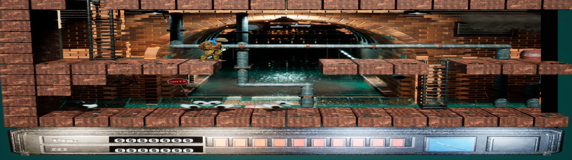 The same gameplay scene rendered as a detailed 3D sewer environment