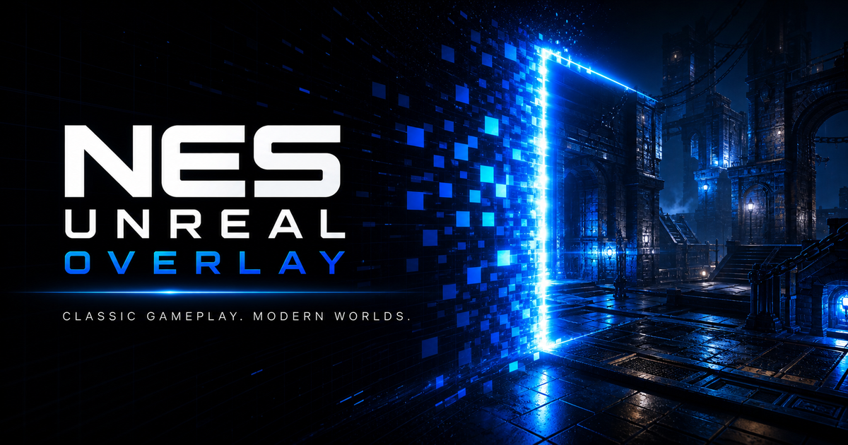 NES Unreal Overlay - Classic Gameplay. Modern Worlds. Pixel fragments passing through a blue portal into a detailed modern environment.